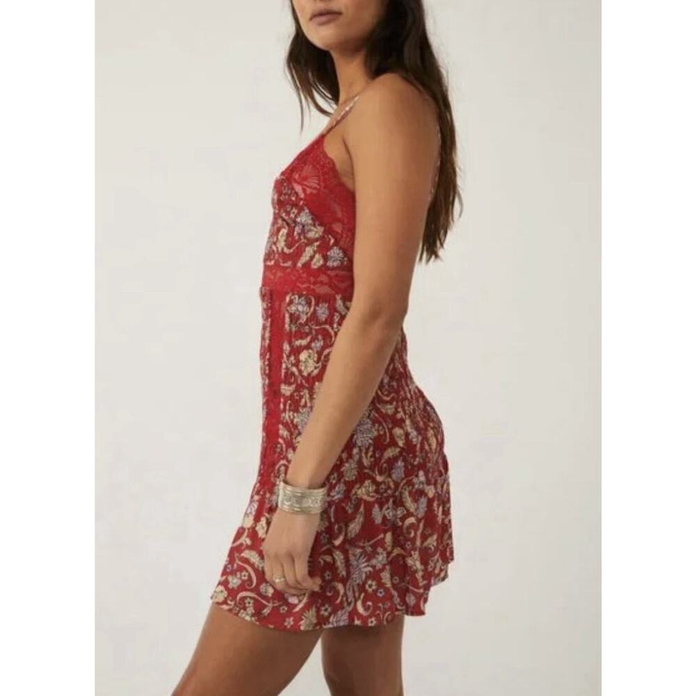 Intimately FREE PEOPLE Last Night Mini Dress Red Lace Floral Large - L